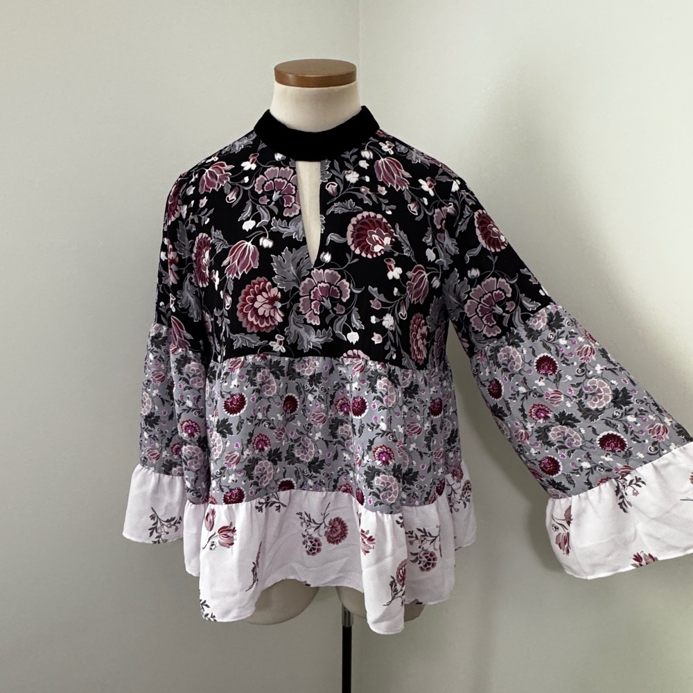Loft Small Floral Bell Flare Sleeve Velvet Collar Blouse Top Purple Peasant Boho